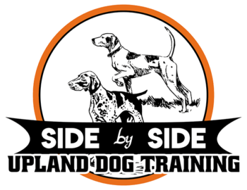 Side by Side Upland Dog Training Logo - black and white drawing of hunting dogs in orange circle